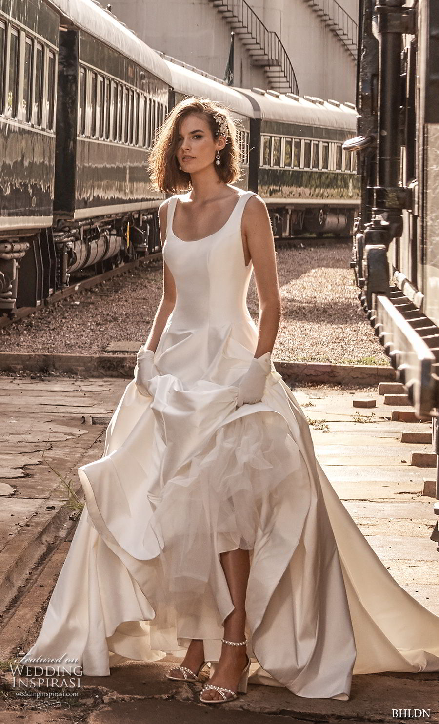 bhldn 2018 away bridal sleeveless scoop neckline simple clean bodice satin skirt classic ball gown a  line wedding dress scoop back chapel train (3) mv