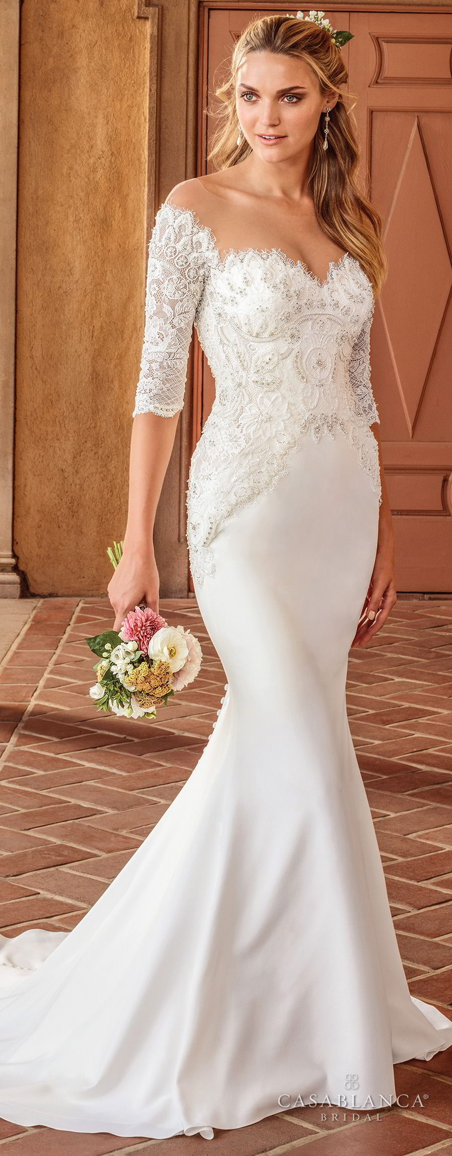 casablanca spring 2018 half sleeves illusion bateau sweetheart neckline heavily embellished bodice elegant fit and flare wedding dress sheer button back sweep train (imogen) mv