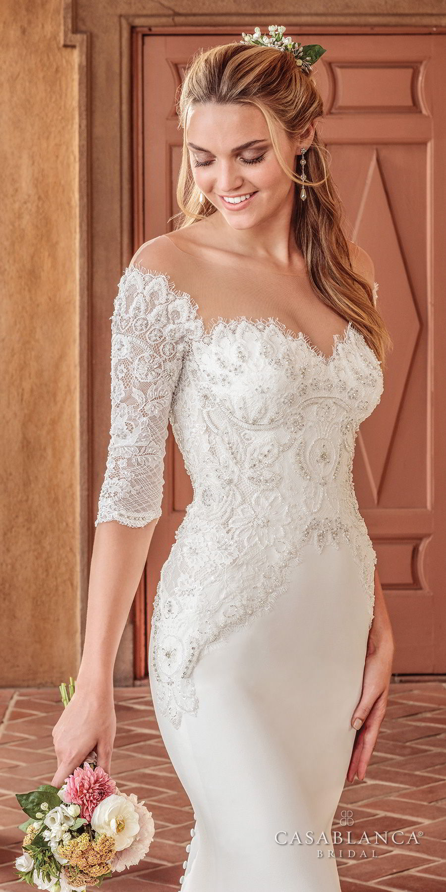 casablanca spring 2018 half sleeves illusion bateau sweetheart neckline heavily embellished bodice elegant fit and flare wedding dress sheer button back sweep train (imogen) zv