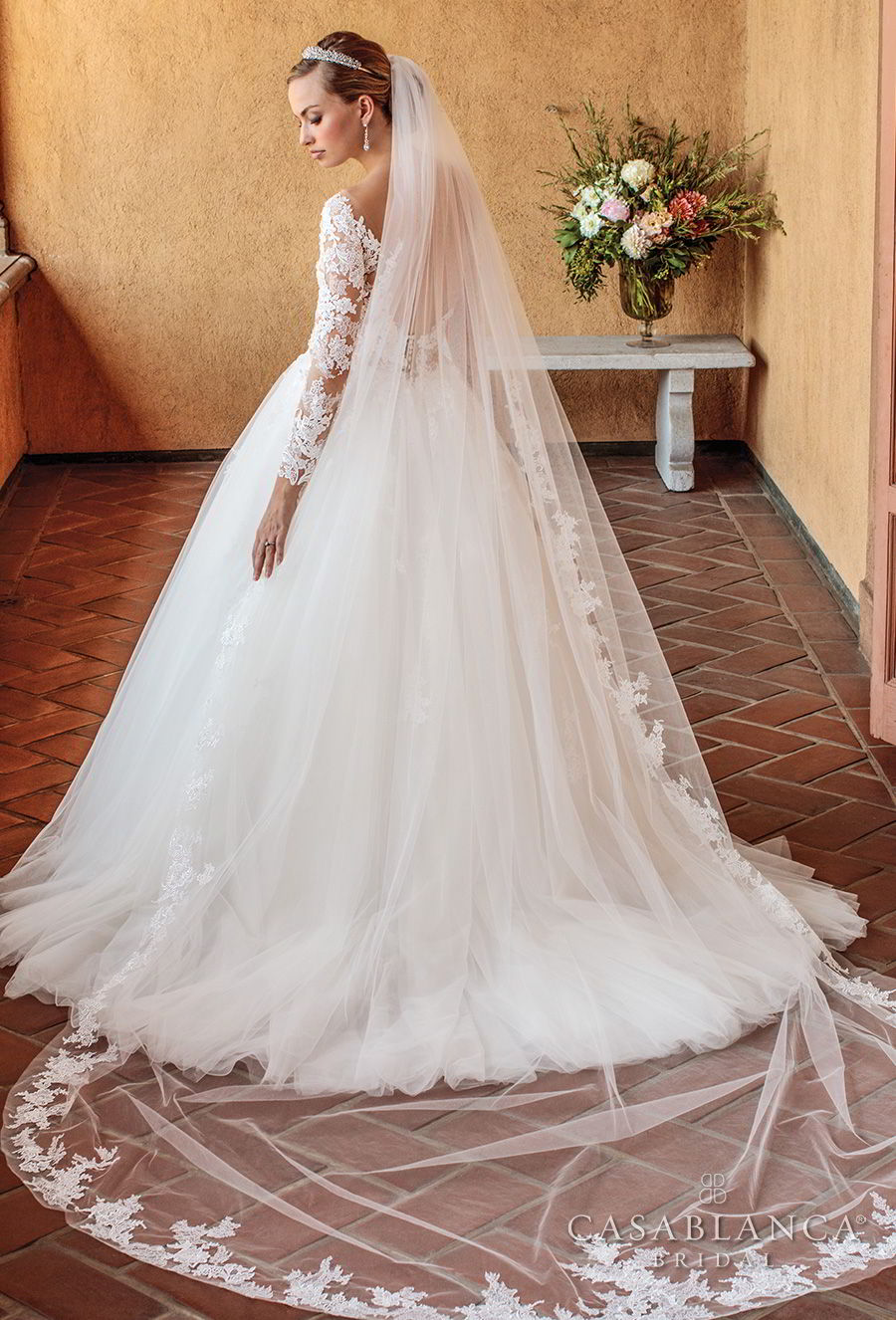 casablanca spring 2018 long sleeves scoop neckline heavily embellished bodice romantic ball gown a  line wedding dress open scoop back chapel train (elsie) bv