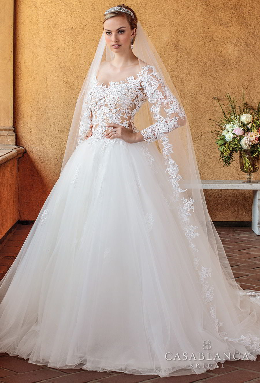 casablanca spring 2018 long sleeves scoop neckline heavily embellished bodice romantic ball gown a  line wedding dress open scoop back chapel train (elsie) mv