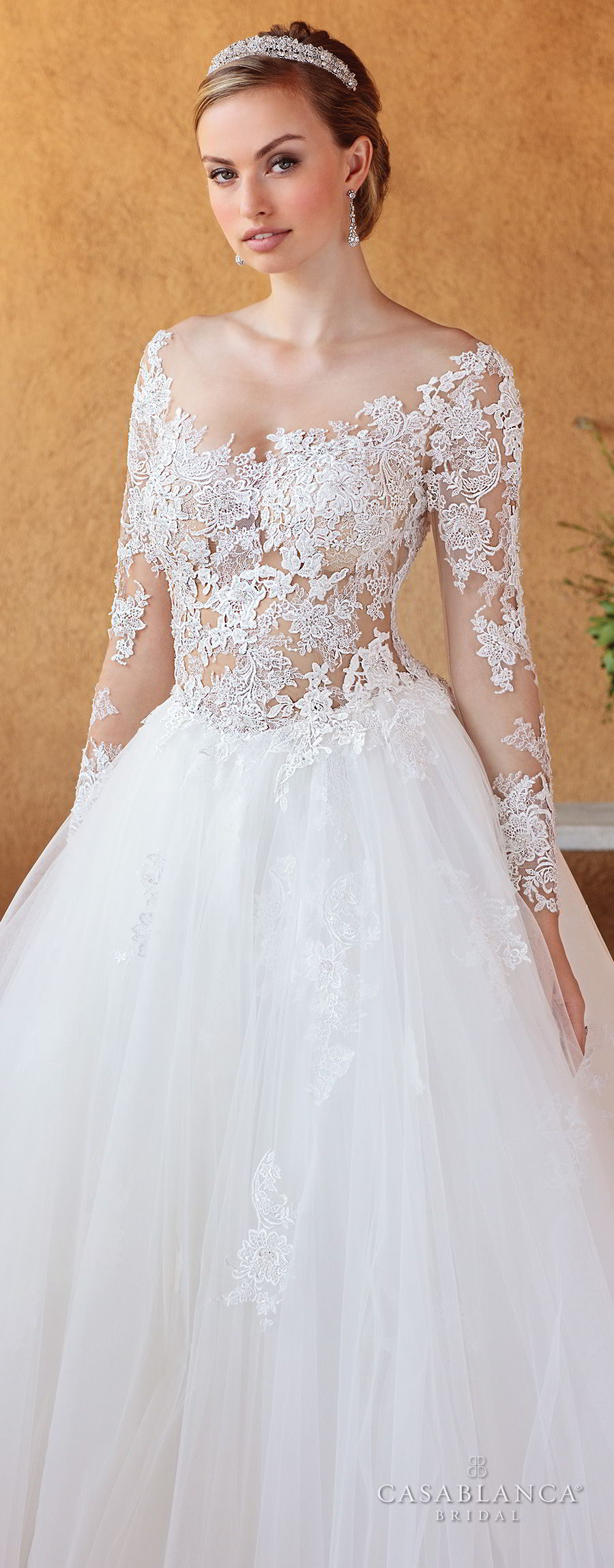 casablanca spring 2018 long sleeves scoop neckline heavily embellished bodice romantic ball gown a  line wedding dress open scoop back chapel train (elsie) zv