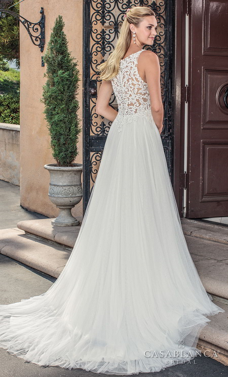 casablanca spring 2018 sleeveless bateau neck heavily embellished bodice romantic soft a  line wedding dress covered lace back medium train (della) bv