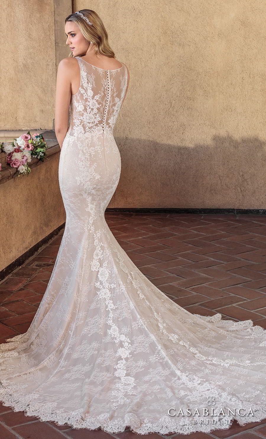 casablanca spring 2018 sleeveless deep v neck full embellishment elegant fit and flare wedding dress sheer lace back chapel train (chloe) bv