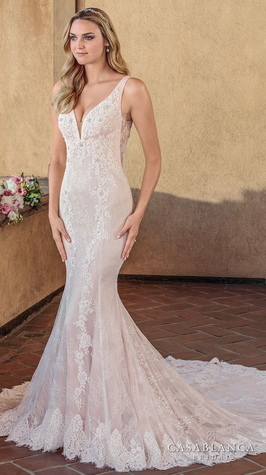 casablanca spring 2018 sleeveless deep v neck full embellishment elegant fit and flare wedding dress sheer lace back chapel train (chloe) mv