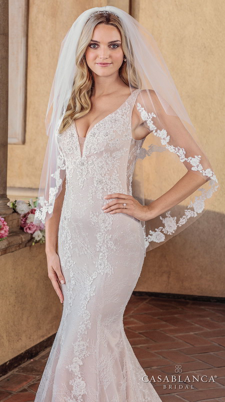 casablanca spring 2018 sleeveless deep v neck full embellishment elegant fit and flare wedding dress sheer lace back chapel train (chloe) zv