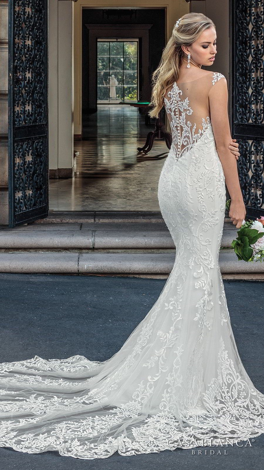 casablanca spring 2018 sleeveless strap plunging sweetheart neckline full embellishment elegant fit and flare wedding dress lace button back chapel train (kinsley) bv