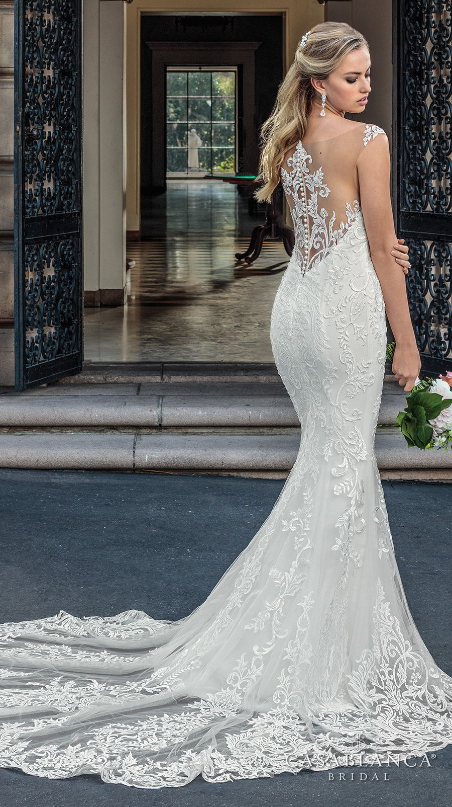 casablanca spring 2018 sleeveless strap plunging sweetheart neckline full embellishment elegant fit and flare wedding dress lace button back chapel train (kinsley) bv