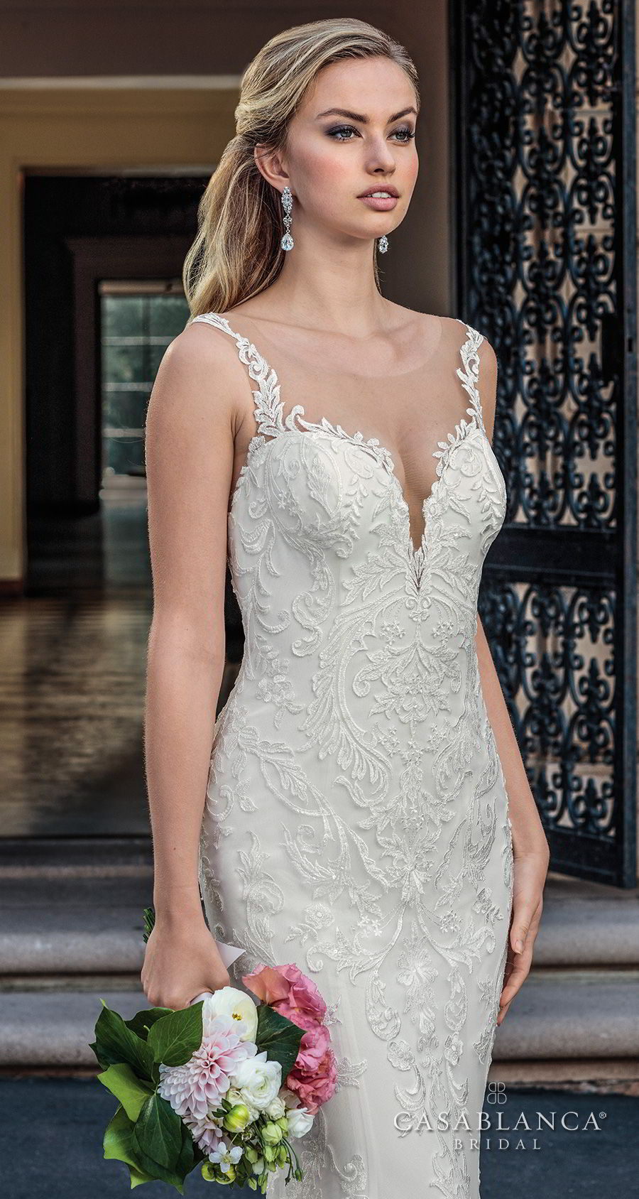 casablanca spring 2018 sleeveless strap plunging sweetheart neckline full embellishment elegant fit and flare wedding dress lace button back chapel train (kinsley) zv