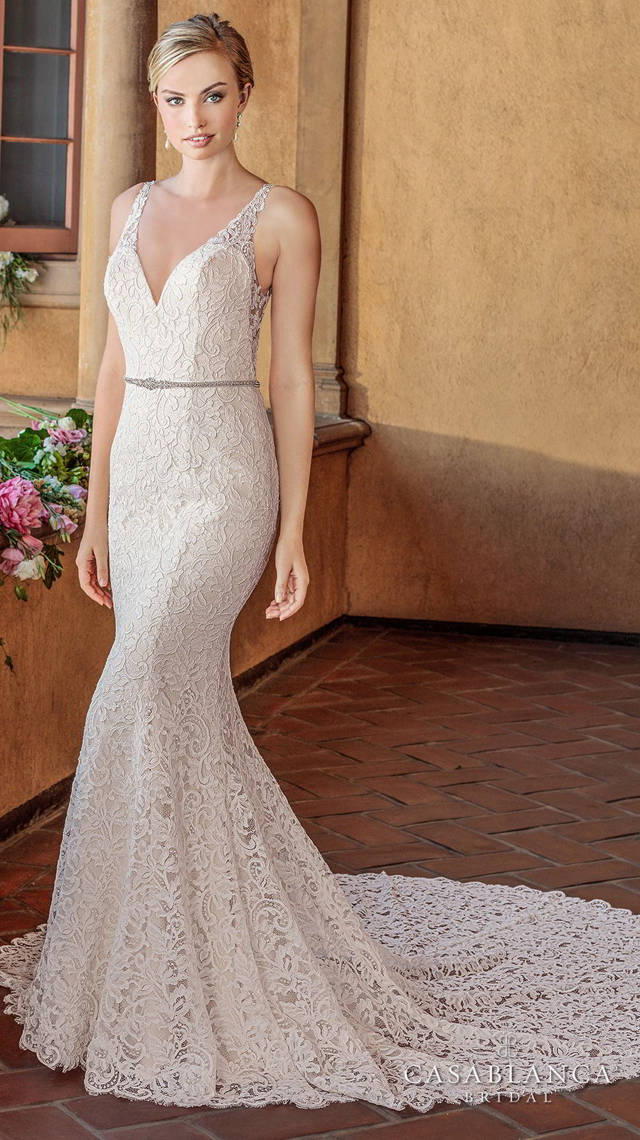 casablanca spring 2018 sleeveless strap sweetheart neckline full embellishment elegant fit and flare wedding dress open scoop back chapel train (nikki) mv