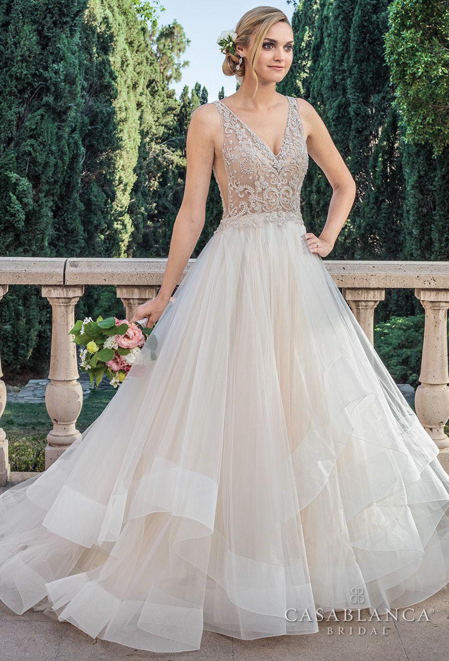 casablanca spring 2018 sleeveless v neck heavily embellished bodice side open layerd skirt romantic a  line wedding dress open v back medium train (tori) mv 