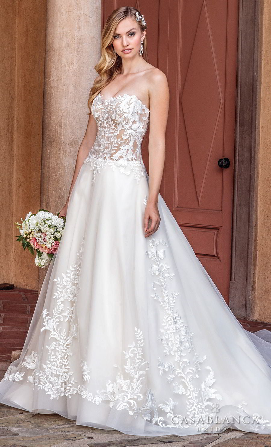 casablanca spring 2018 strapless sweetheart neckline heavily embellished bodice romantic a  line wedding dress chapel train (tegan) mv