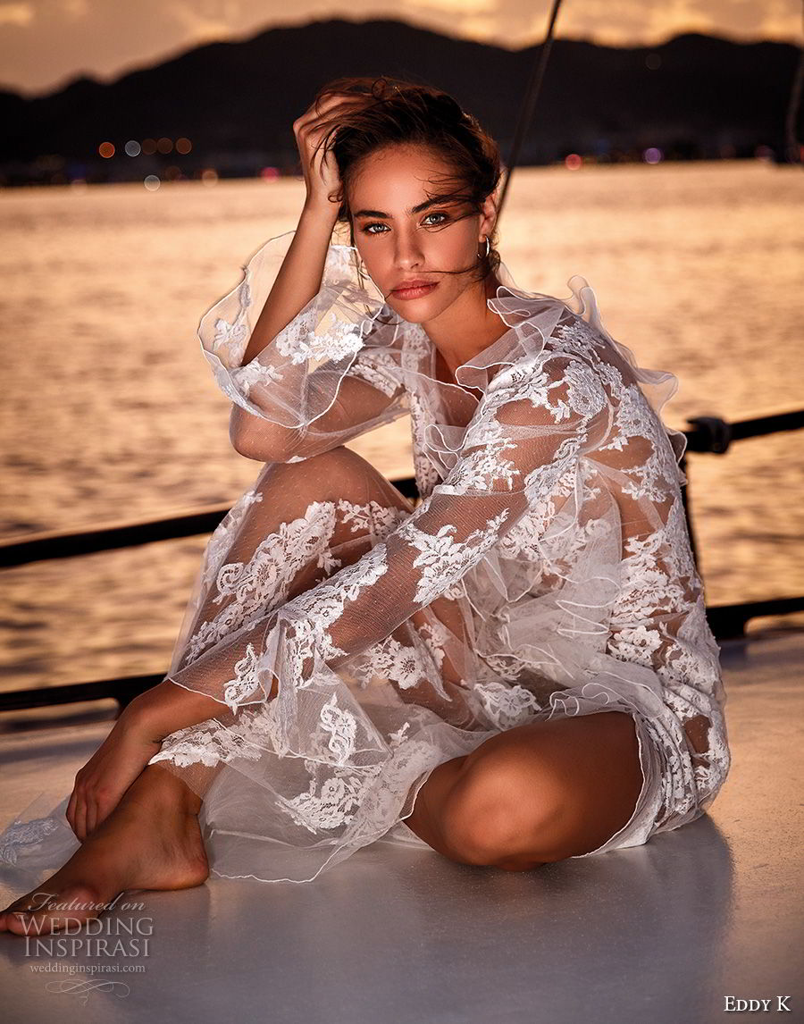 eddy k 2018 bridal long sleeves v neck full embellishment mini skirt sheer glamorous lace sheath wedding dress sheer lace back sweep train (10) zv eddy k 2018 bridal long sleeves v neck full embellishment mini skirt sheer glamorous lace sheath wedding dress sheer lace back sweep train (10) zv