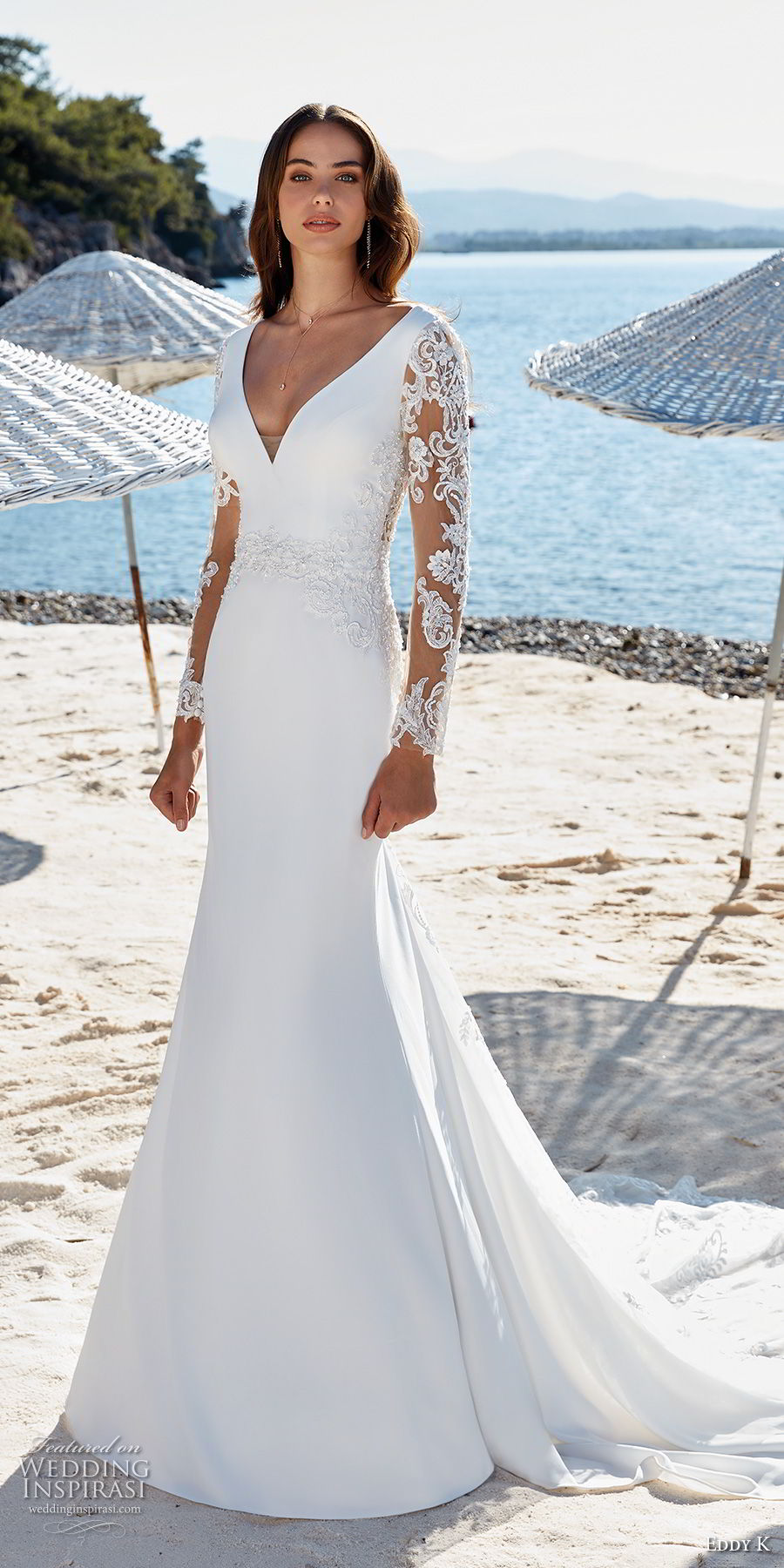 eddy k 2018 bridal long sleeves v neck simple elegant fit and flare wedding dress sheer lace back chapel train (25) mv
