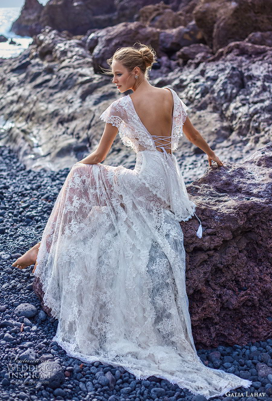 galia lahav gala 2018 bridal butterfly sleeves deep v neck full embellishment bohemian lace a  line wedding dress with pockets open back short train (8) bv