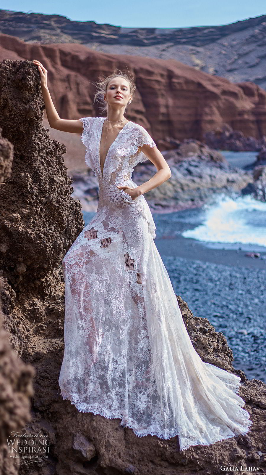 galia lahav gala 2018 bridal butterfly sleeves deep v neck full embellishment bohemian lace a  line wedding dress with pockets open back short train (8) mv