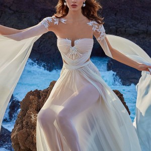 galia lahav gala 2018 bridal hanging sleeves sweetheart neckline ruched bodice romantic grecian soft a  line wedding dress chapel train (1) zv