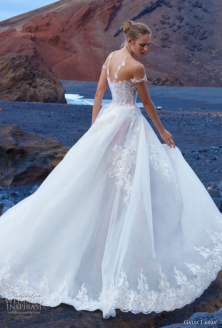 galia lahav gala 2018 bridal off shoulder illusion jewel sweetheart neckline heavily embellished bodice a  line wedding dress overskirt chapel train (9) bv 