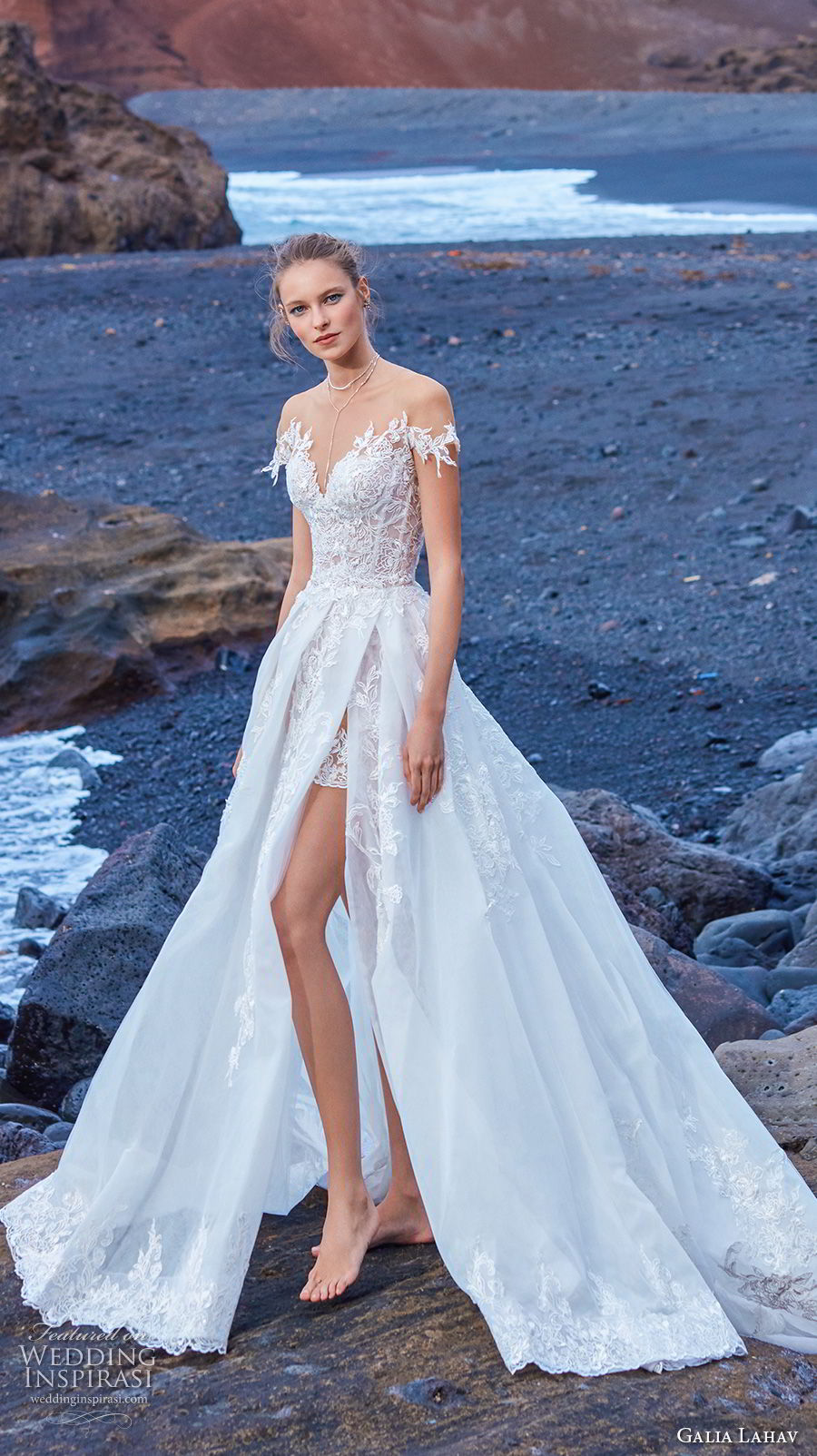 galia lahav gala 2018 bridal off shoulder illusion jewel sweetheart neckline heavily embellished bodice a  line wedding dress overskirt chapel train (9) mv