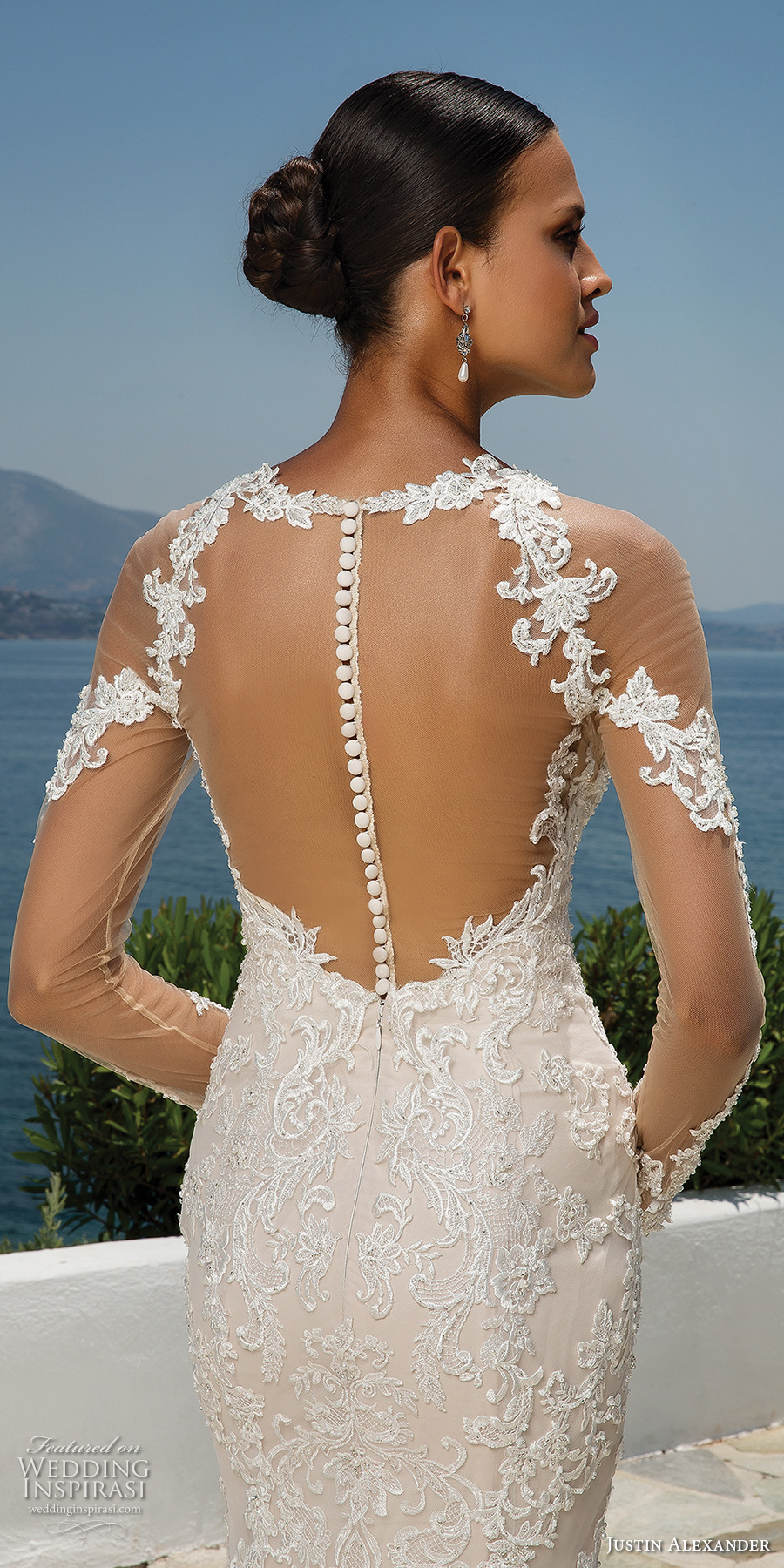justin alexander 2018 bridal long sleeves jewel neckline full embellishment elegant fit and flare wedding dress sheer button back sweep train (4) zbv