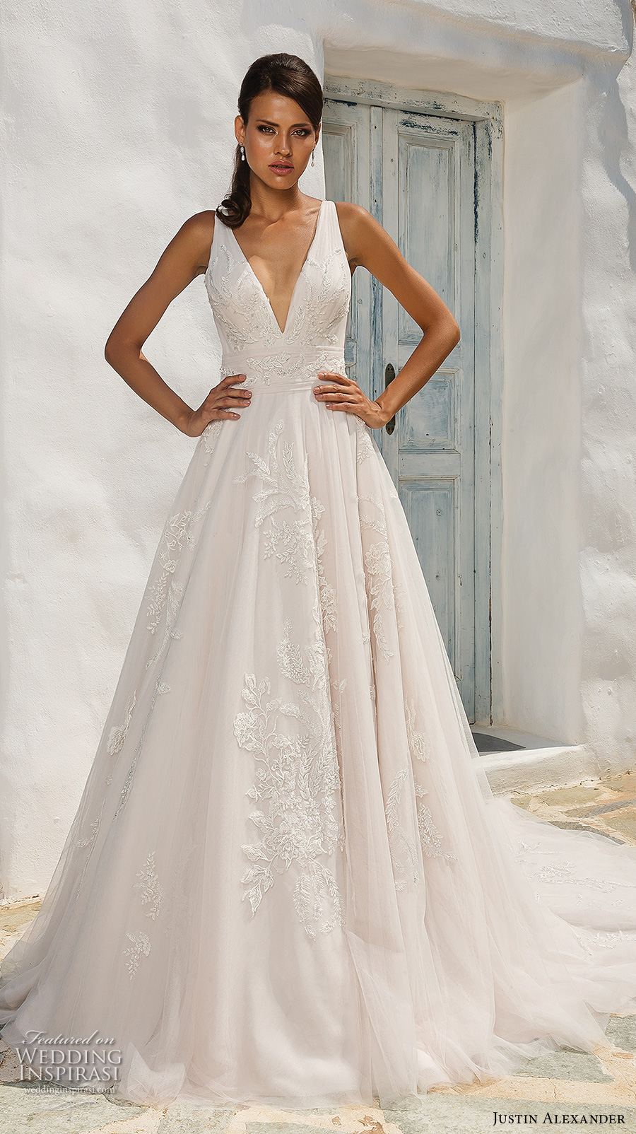 justin alexander 2018 bridal sleeveless deep v neck light embellishment romantic blush a  line wedding dress open v back chapel train (7) mv