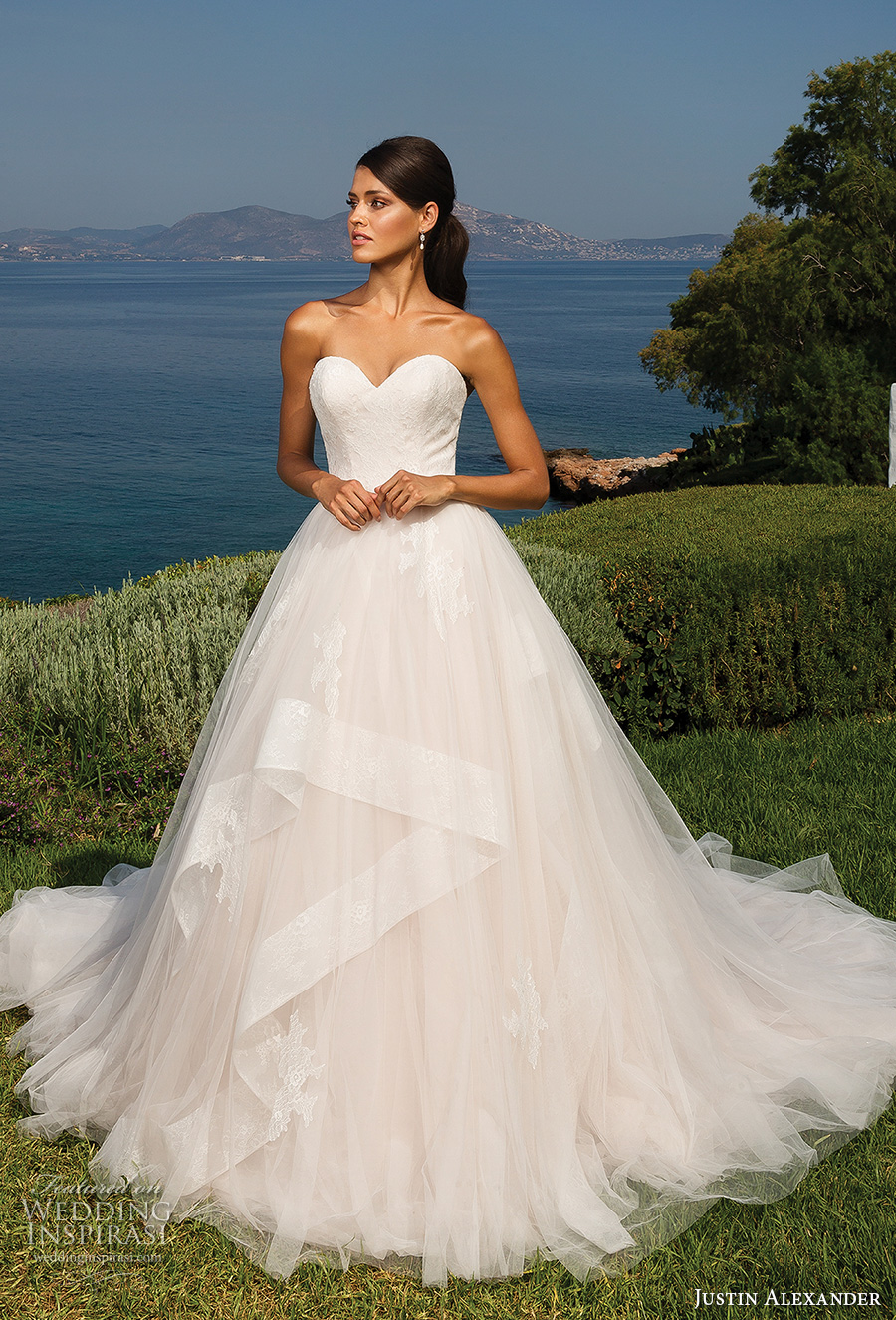 justin alexander 2018 bridal strapless sweetheart neckling lightly embellished bodice romantic blush a  line wedding dress chapel train (6) mv