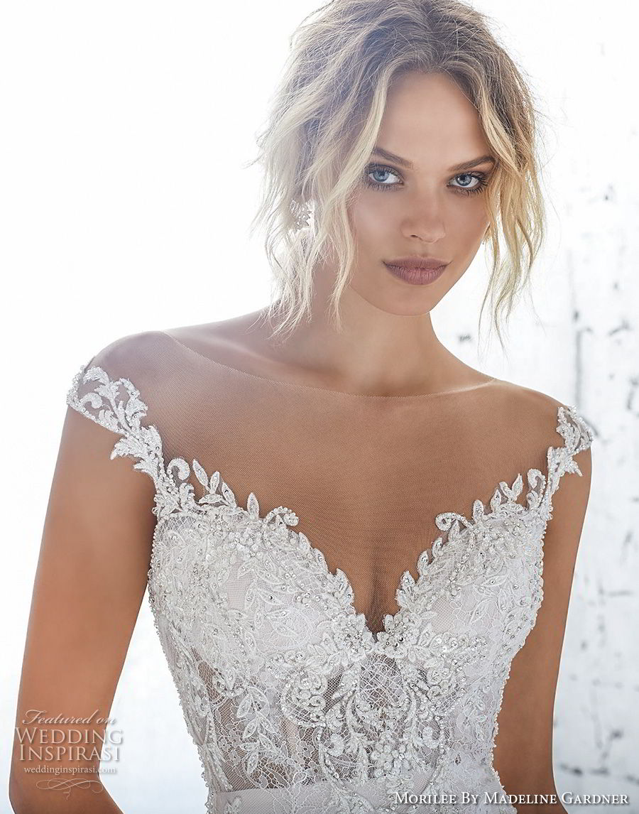 morilee 2018 bridal cap sleeves illusion bateau sweetheart neckline full embellishment elegant fit and flare wedding dress sheer lace back chapel train (6) zv