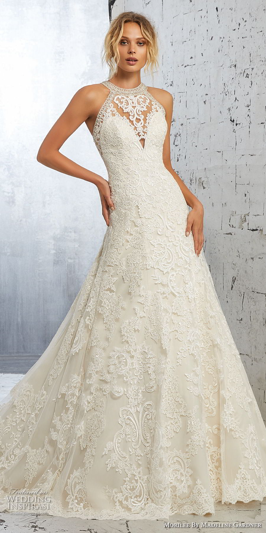 morilee 2018 bridal sleeveless halter jewel neck full embellishment elegant a  line wedding dress sheer lace back long train (3) mv