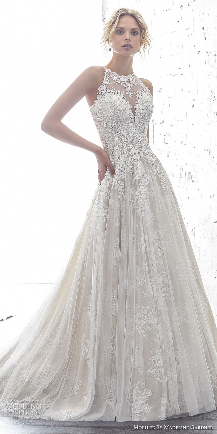 morilee 2018 bridal sleeveless halter jewel neck heavily embellished bodice elegant a  line wedding dress sheer lace back chapel train (7) mv