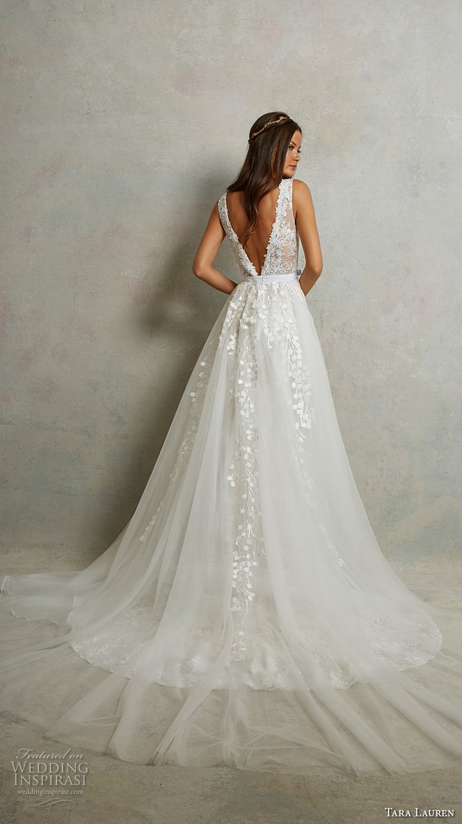 tara lauren spring 2018 bridal sleeveless deep plunging v neck heavily embellished bodice romantic a  line wedding dress v back chapel train (5) bv