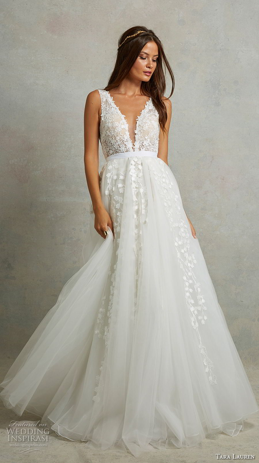 tara lauren spring 2018 bridal sleeveless deep plunging v neck heavily embellished bodice romantic a  line wedding dress v back chapel train (5) mv