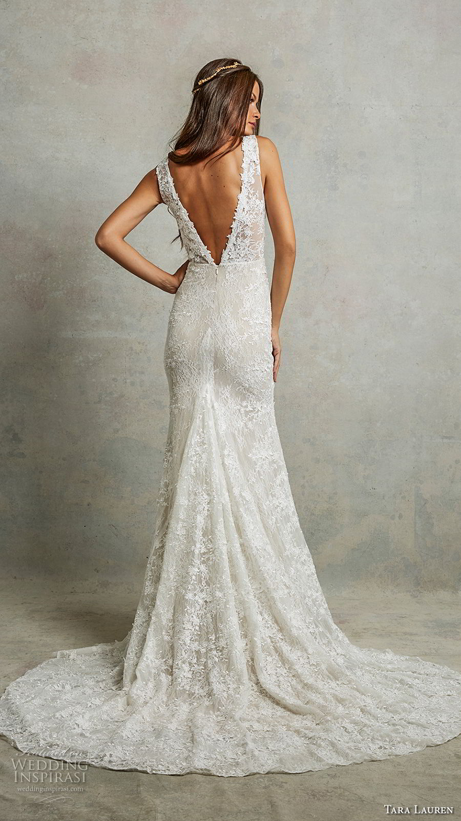 tara lauren spring 2018 bridal sleeveless deep v neck full embellishment elegant sheath wedding dress v back medium train (6) bv