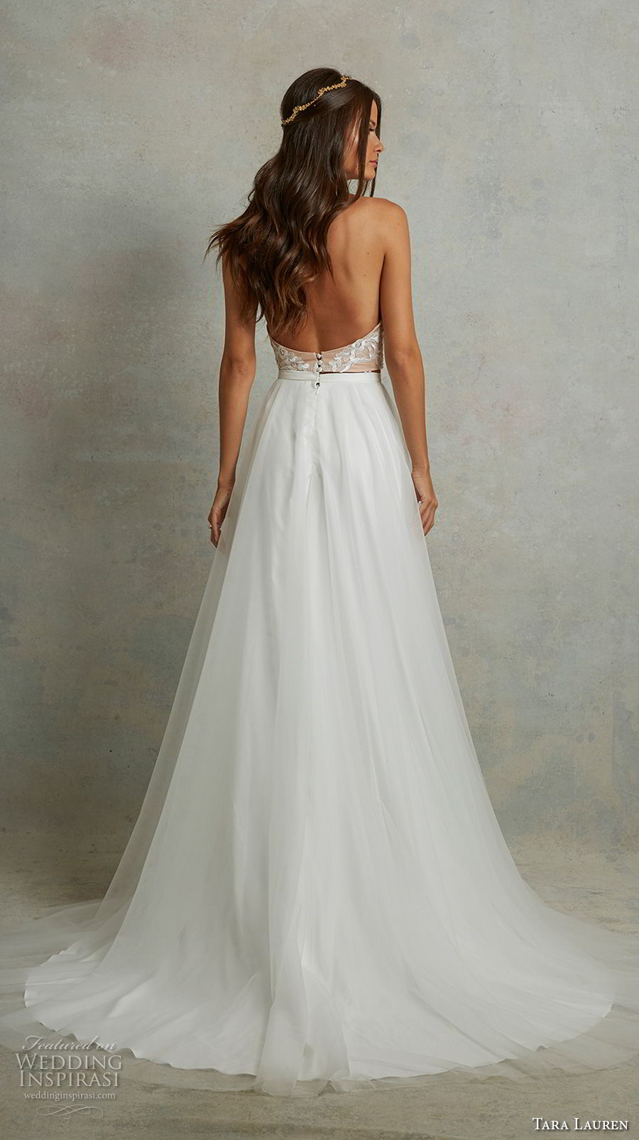 tara lauren spring 2018 bridal sleeveless halter neck heavily embellished bodice romantic soft a  line wedding dress open back sweep train (7) bv