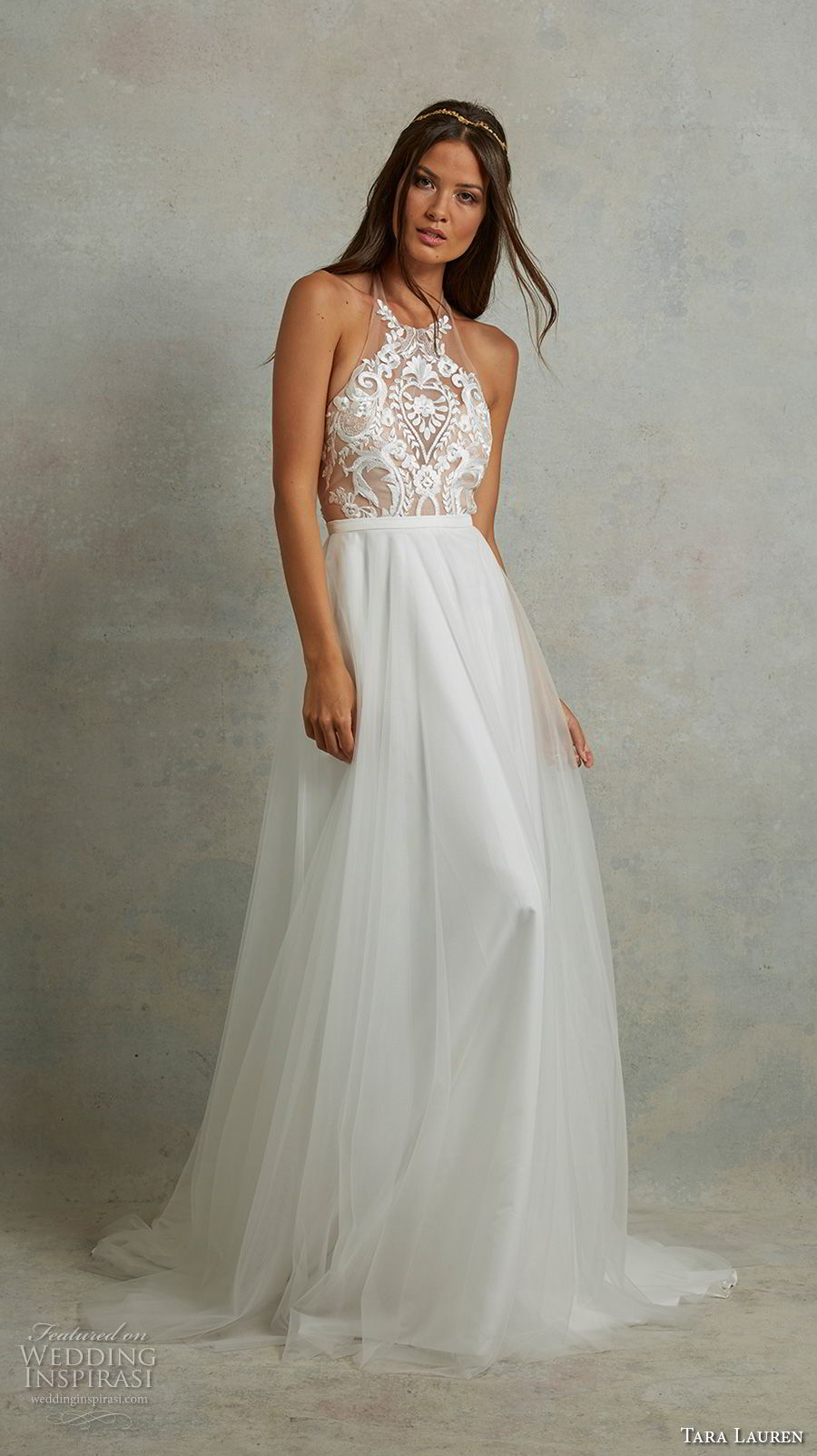 tara lauren spring 2018 bridal sleeveless halter neck heavily embellished bodice romantic soft a  line wedding dress open back sweep train (7) mv