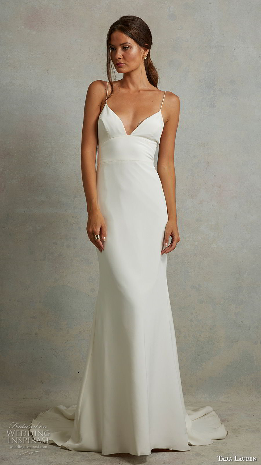 tara lauren spring 2018 bridal sleeveless spaghetti strap deep sweetheart neckline clean simple sexy sheath wedding dress sweep train (18) mv