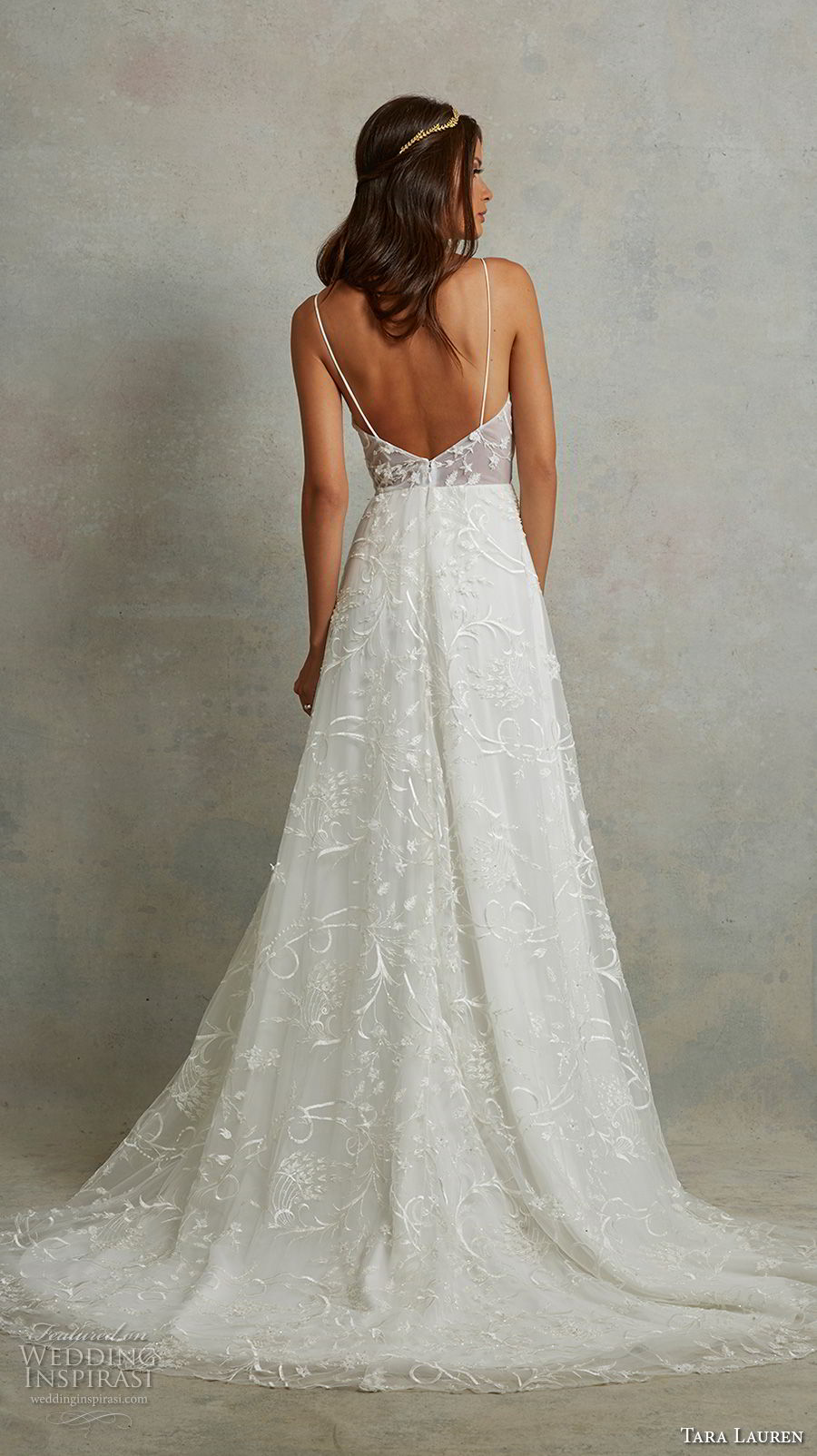 tara lauren spring 2018 bridal sleeveless spaghetti strap deep sweetheart neckline full embellishment romantic a  line wedding dress open back sweep train (9) bv