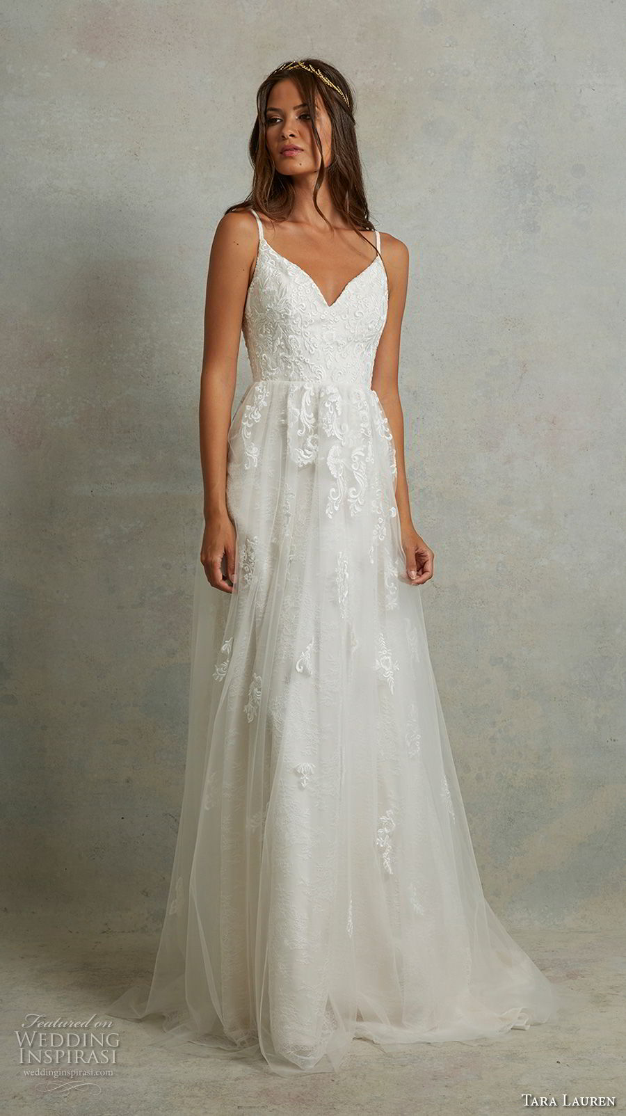 tara lauren spring 2018 bridal thin strap sweetheart neckline heavily embellished bodice romantic soft a  line wedding dress v back sweep train (15) mv