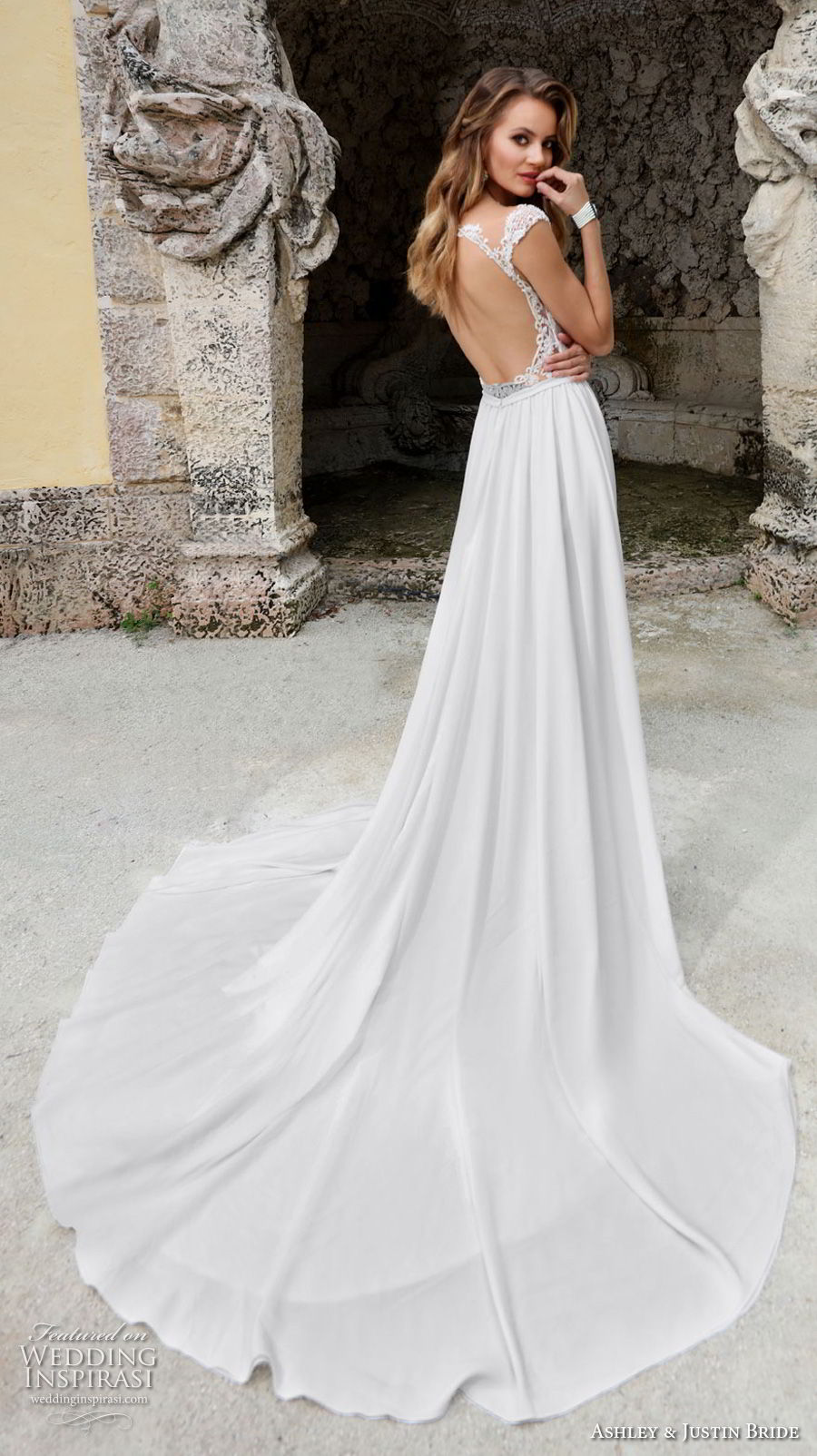 ashley justin spring 2018 bridal cap sleeves sweetheart neckline heavily embellished bodice high slit skirt romantic soft a  line wedding dress keyhole back chapel train (20) bv