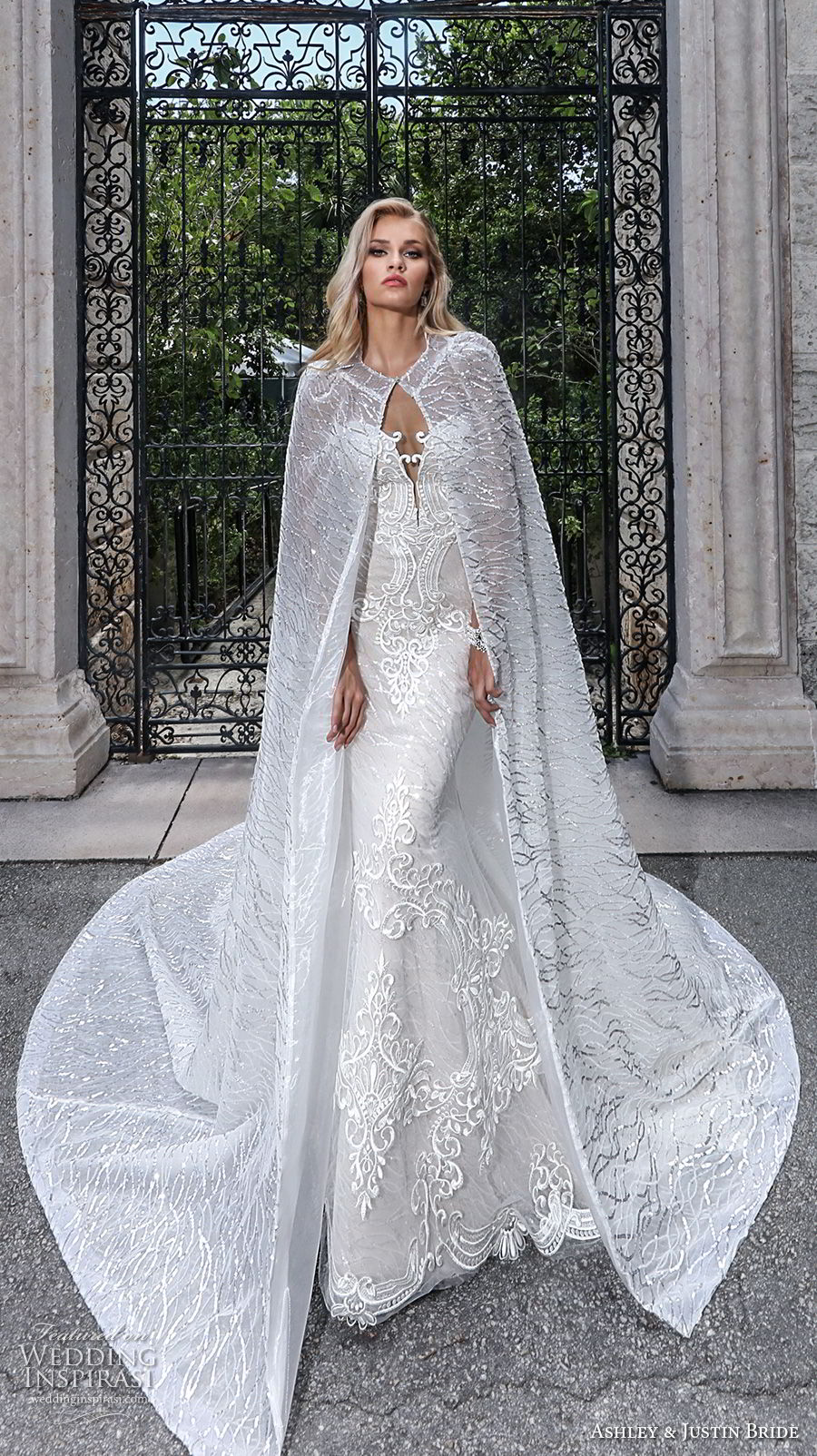 ashley justin spring 2018 bridal strapless deep plunging sweetheart neckline full embellishment elegant glamorous fit and flare wedding dress with cape long train (8) mv