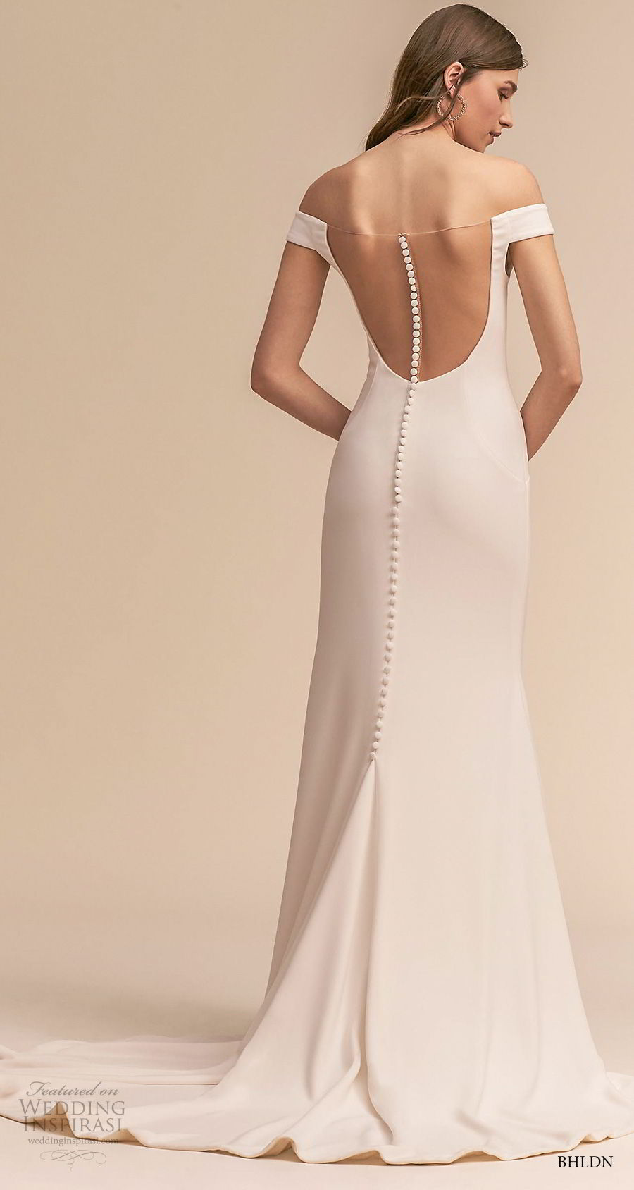 bhldn 2018 whispers bridal off the shoulder straight across neck simple clean elegant sheath wedding dress sheer button back sweep train (11) bv 