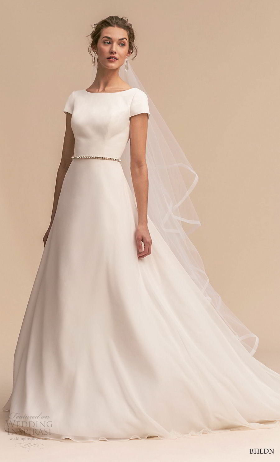 bhldn 2018 whispers bridal short sleeve bateau neck simple clean elegant classic a  line wedding dress open back chapel train (10) mv.