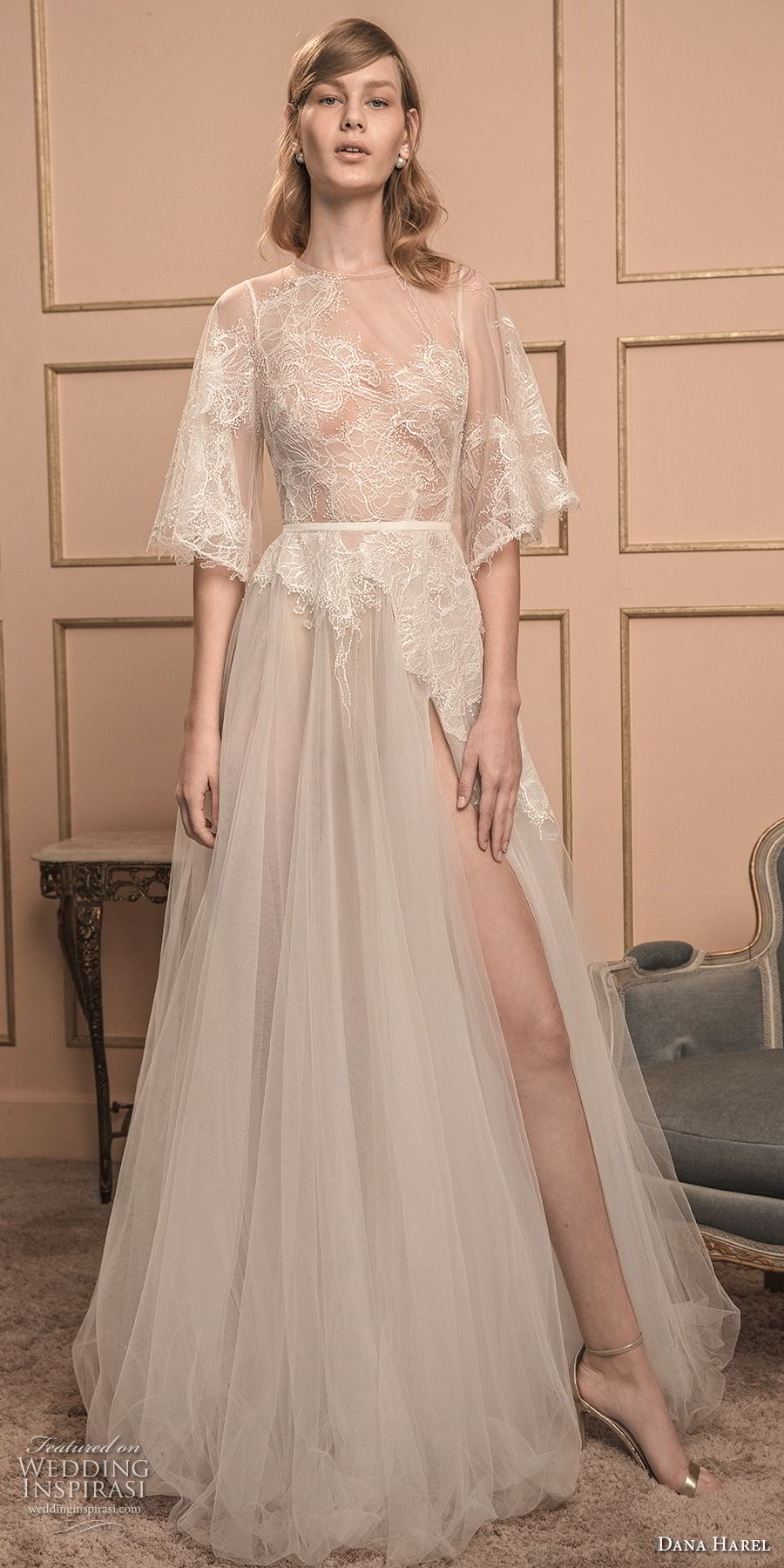 dana harel 2018 bridal half bell sleeves illusion jewel neck heavily embellished bodice high slit skirt romantic a  line wedding dress v back sweep train (4) mv 