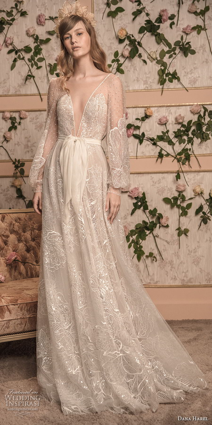 dana harel 2018 bridal long bishop sleeves deep v neck full embellishment romantic bohemian a  line wedding open back sweep train (7) mv