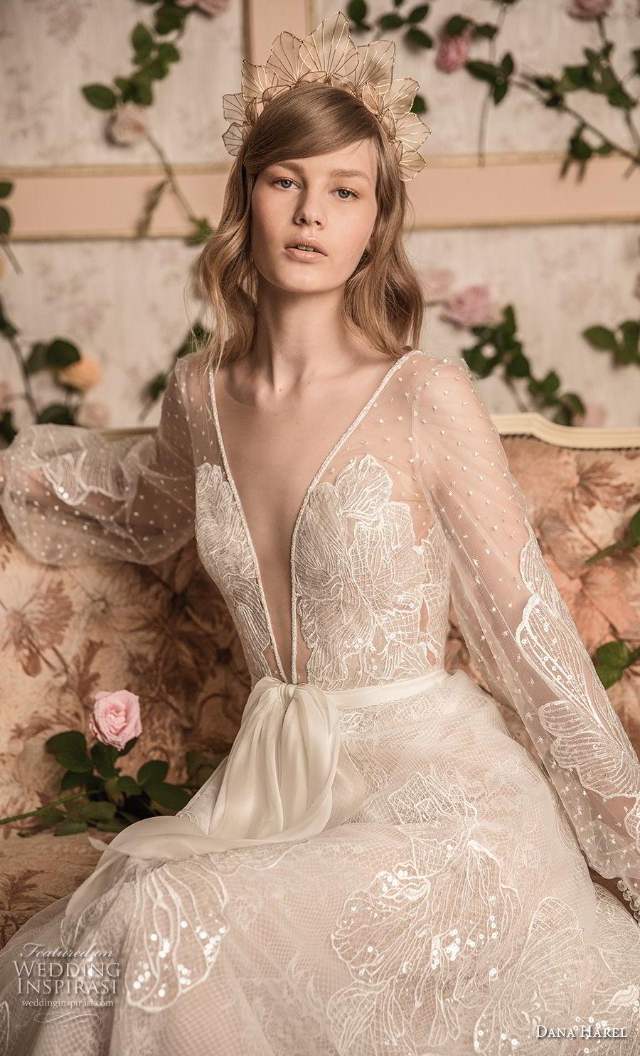 dana harel 2018 bridal long bishop sleeves deep v neck full embellishment romantic bohemian a  line wedding open back sweep train (7) zv