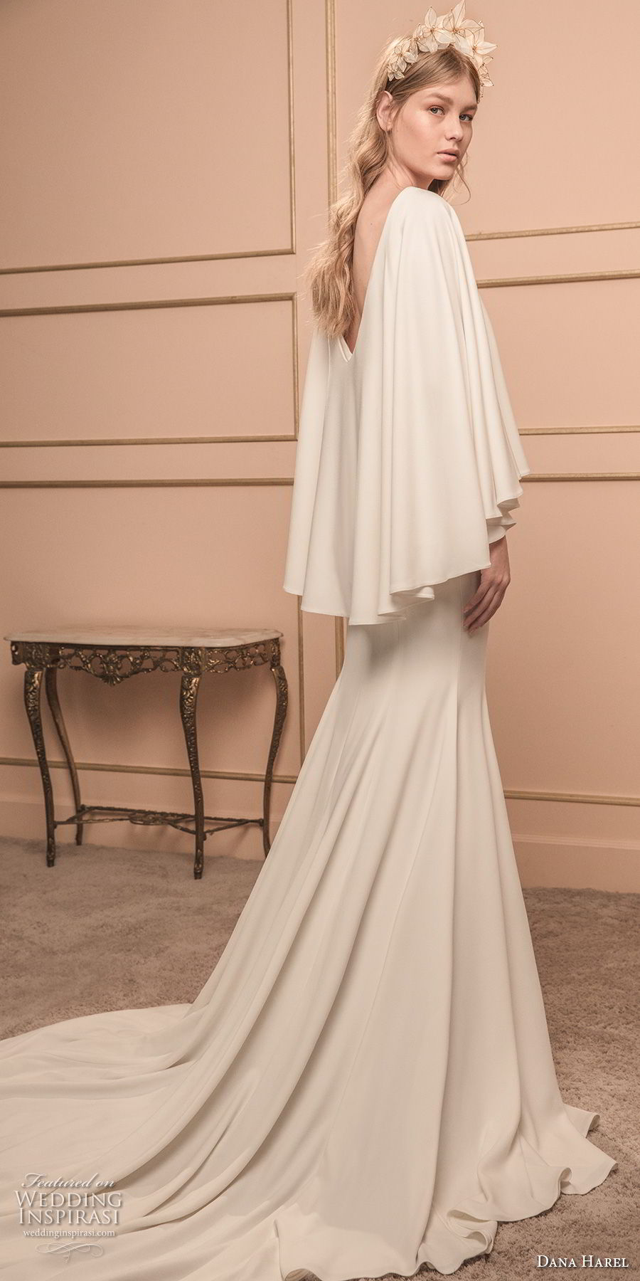 dana harel 2018 bridal long sleeves deep v neck poncho top simple clean modern fit and flare wedding dress chapel train (3) bv