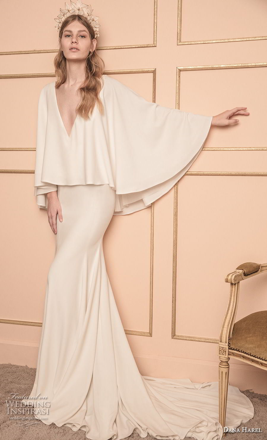 dana harel 2018 bridal long sleeves deep v neck poncho top simple clean modern fit and flare wedding dress chapel train (3) mv