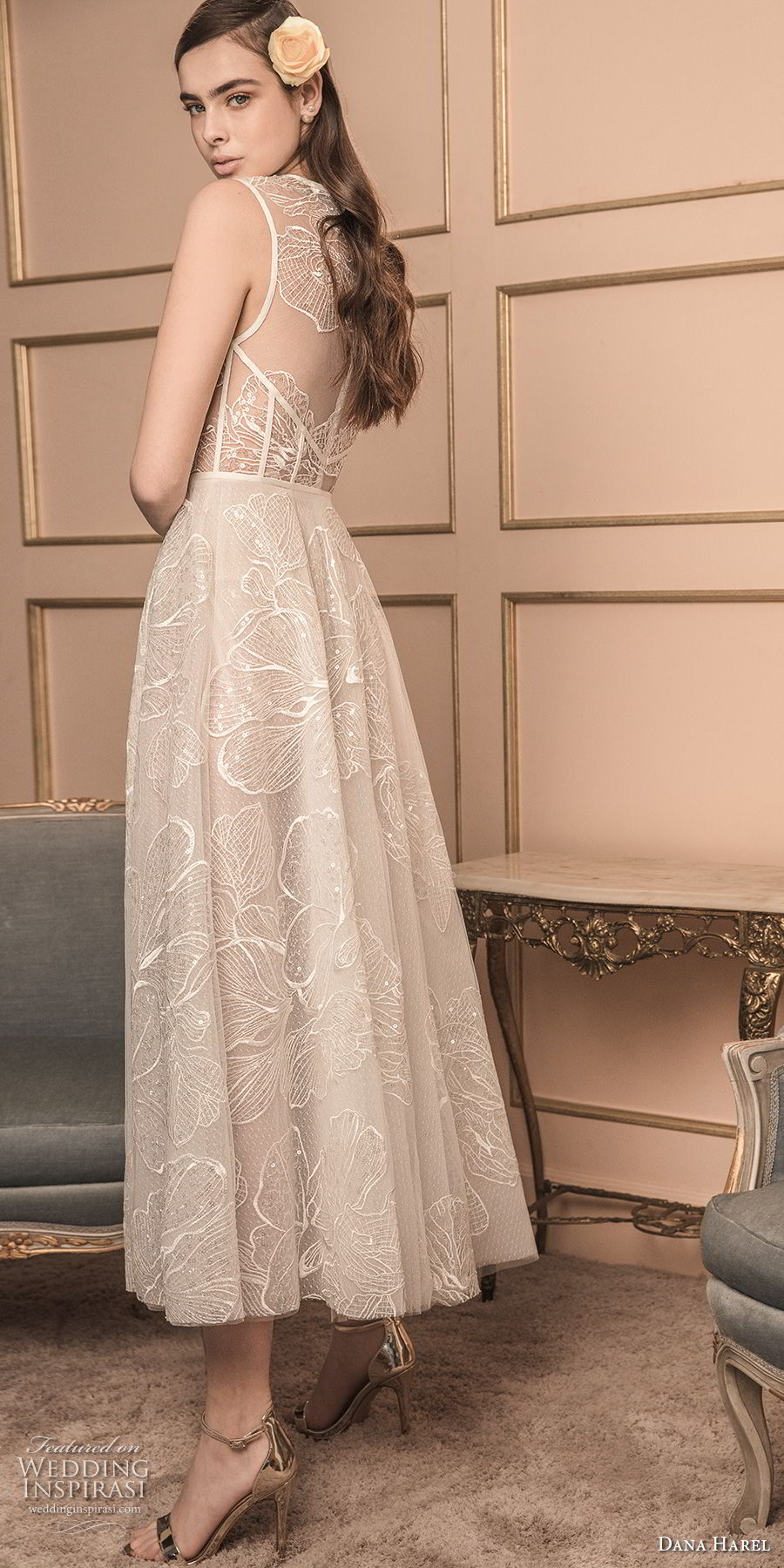 dana harel 2018 bridal sleeveless jewel neck heavily embellished bodice bustier romantic tea length short wedding dress sheer lace back (6) bv