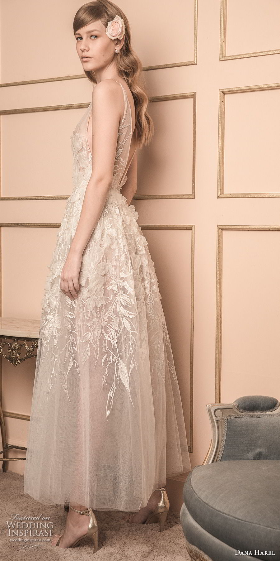 dana harel 2018 bridal sleeveless thin strap deep v neck heavily embellished bodice open side open v back tea length short wedding dress (5) bv