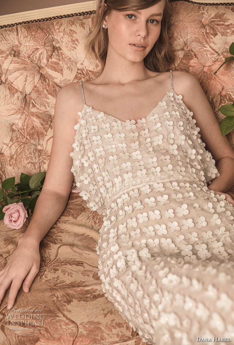 dana harel 2018 bridal spaghetti strap scoop neckline full embellishment romantic tea length fishtail wedding dress (10) zv