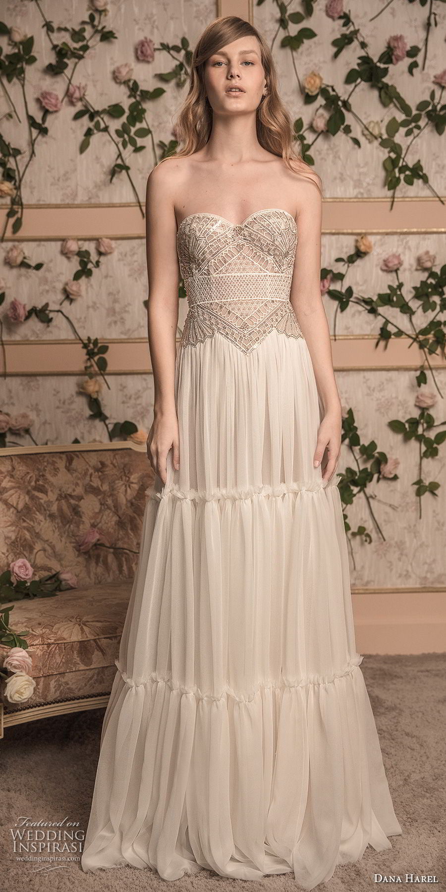 dana harel 2018 bridal strapless sweetheart neckline heavily embellished bodice bohemian a  line wedding dress sweep train (8) mv